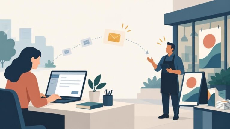 Flat editorial illustration of a woman composing an email on a laptop while a print-shop worker holding a tablet stands beside framed print samples; envelope icons arc between them.