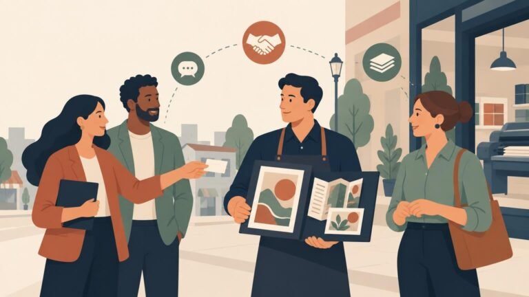 Flat editorial illustration of four people outside a print shop, exchanging a business card and viewing a portfolio of printed designs, with floating chat, handshake, and stacked-paper icons above them.