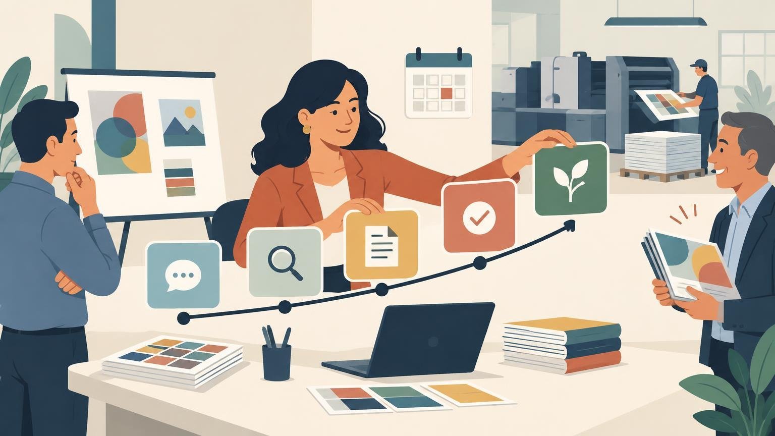 Flat editorial illustration of three people discussing printed color samples in a print shop, with a rising sales pipeline line linking icons for conversation, search, document, approval, and growth; a large printing press and paper stacks appear in the background.