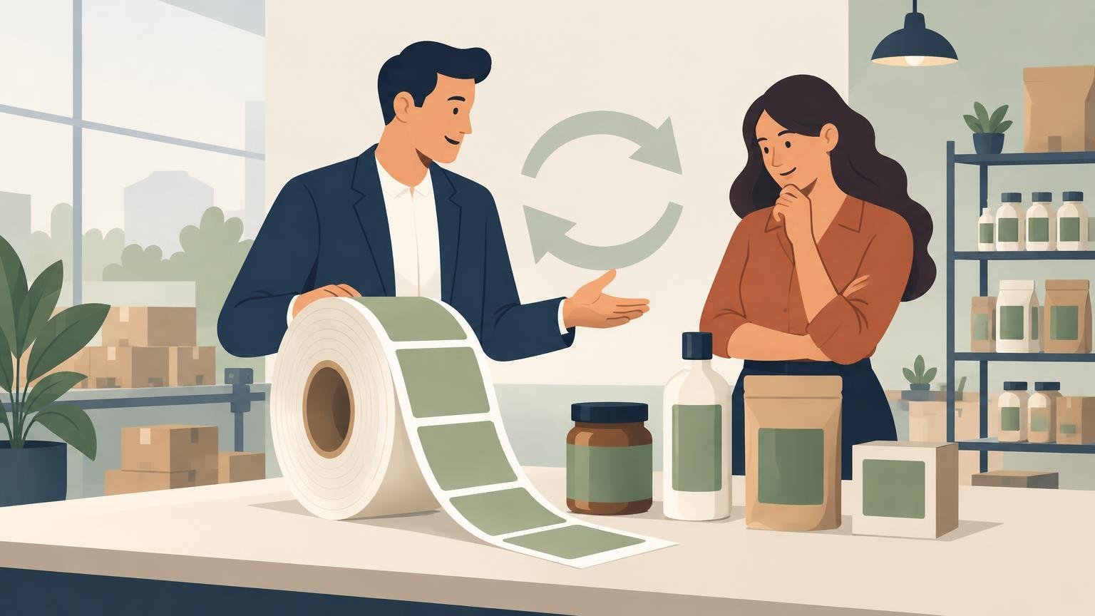 Flat editorial illustration of two people discussing a large roll of green product labels beside bottles, jars, pouches, boxes, and warehouse shelves.