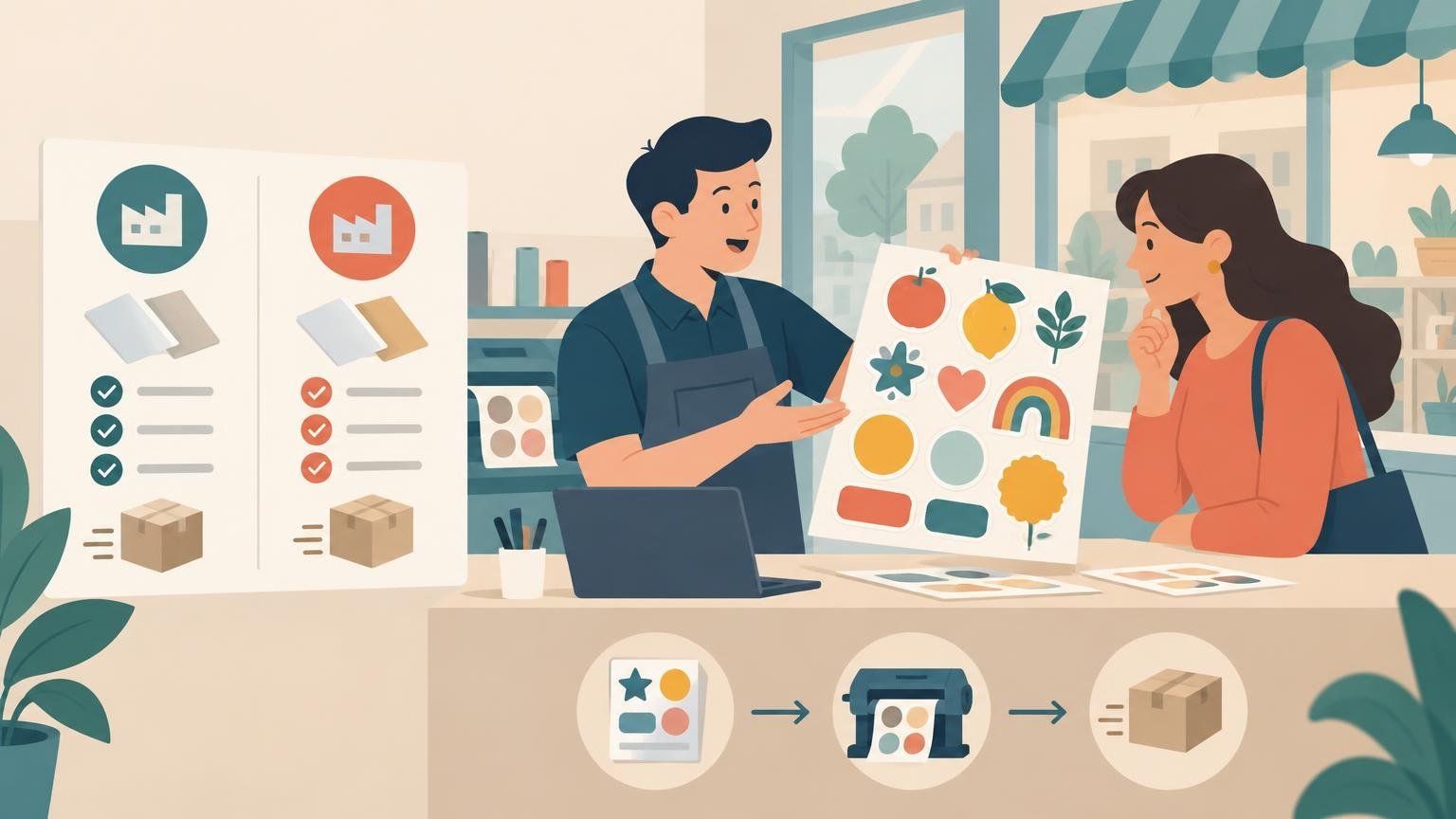 Flat vector illustration of a sticker seller showing a colorful sticker sheet to a local business customer beside a laptop, comparison board, printing workflow, and shipping boxes in a shop setting.