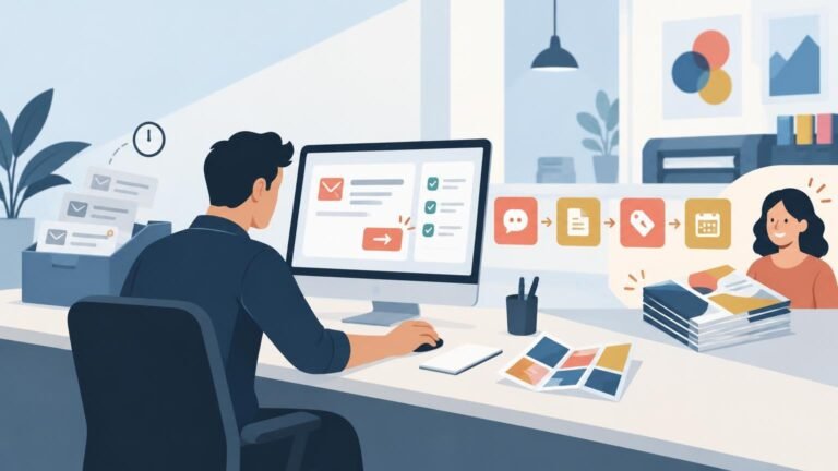 Flat editorial illustration of a print-shop worker at a computer managing email enquiries and a follow-up workflow, with printed sample sheets, a printer, and a customer shown in a callout panel.