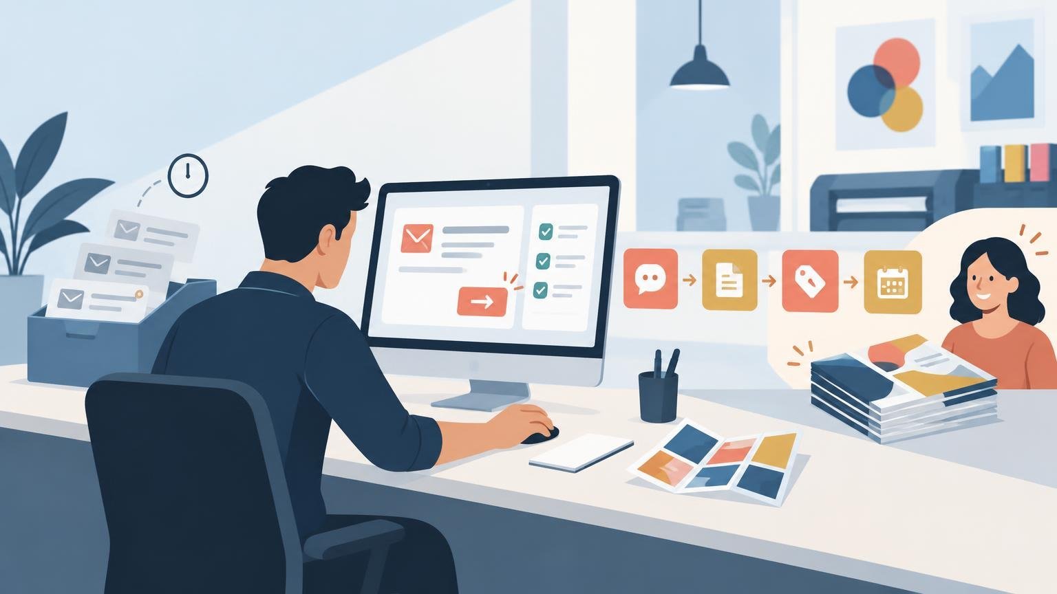 Flat editorial illustration of a print-shop worker at a computer managing email enquiries and a follow-up workflow, with printed sample sheets, a printer, and a customer shown in a callout panel.